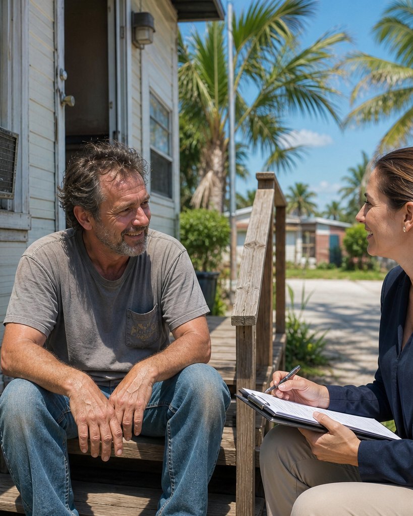 An HVAC technician meeting with a Notary Etc. representative on a client's porch to complete paperwork